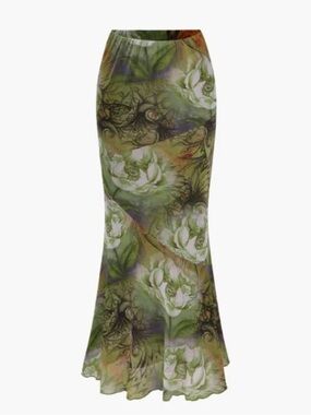 Tic Toc Low Waist Mermaid Y2K Floral Green Boho Maxi Skirt Size Small.